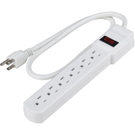 Global Industrial 6 outlet Power Strip, 2.5' Cord, 14/3C, Lighted Switch, 15A, 125V, 1875W, White, UL/CUL 500802